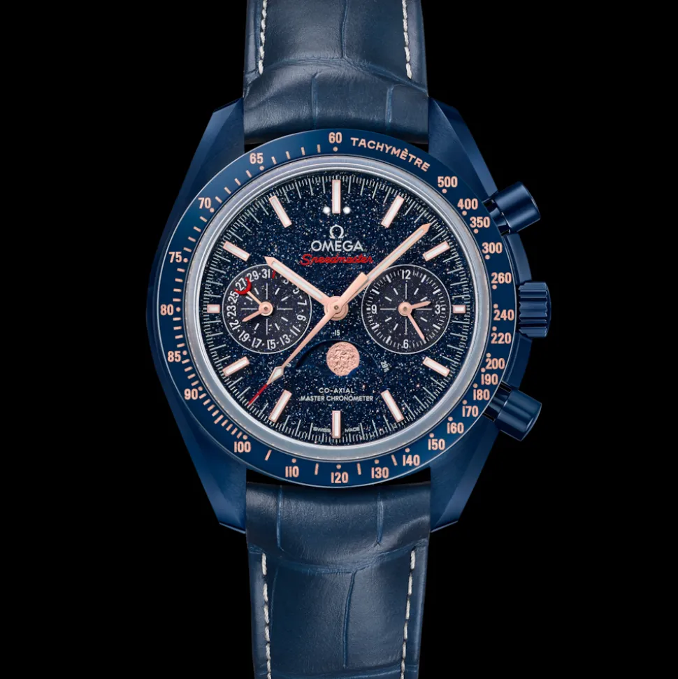 44,25 mm, Blaue Keramik mit Lederarmband
